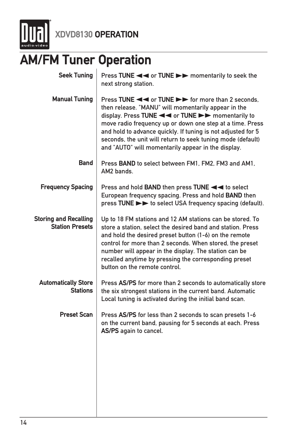 Am/fm tuner operation | Dual XDVD8130 User Manual | Page 14 / 32