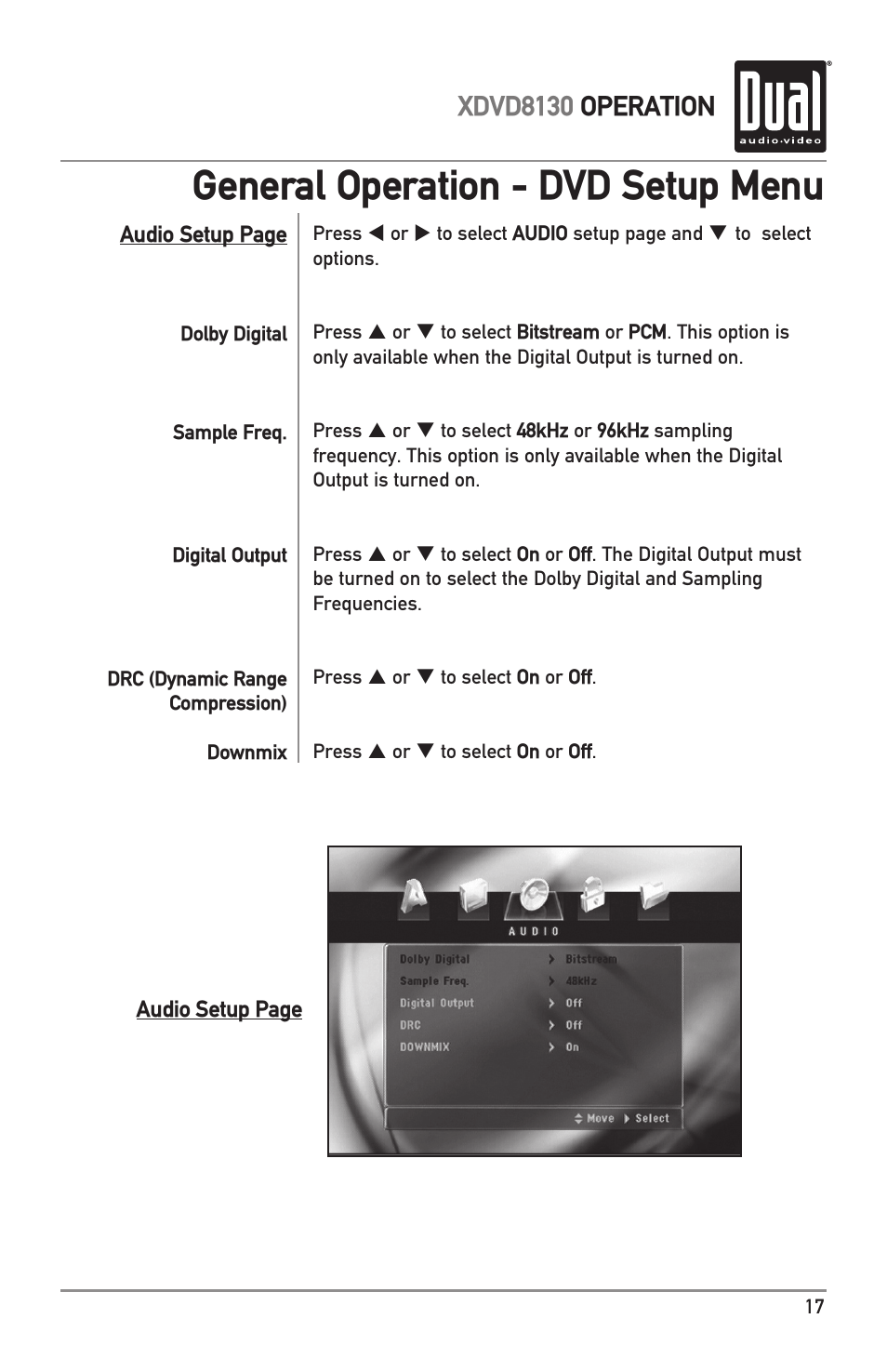 General operation - dvd setup menu, Xdvd8130 operation | Dual XDVD8130 User Manual | Page 17 / 32