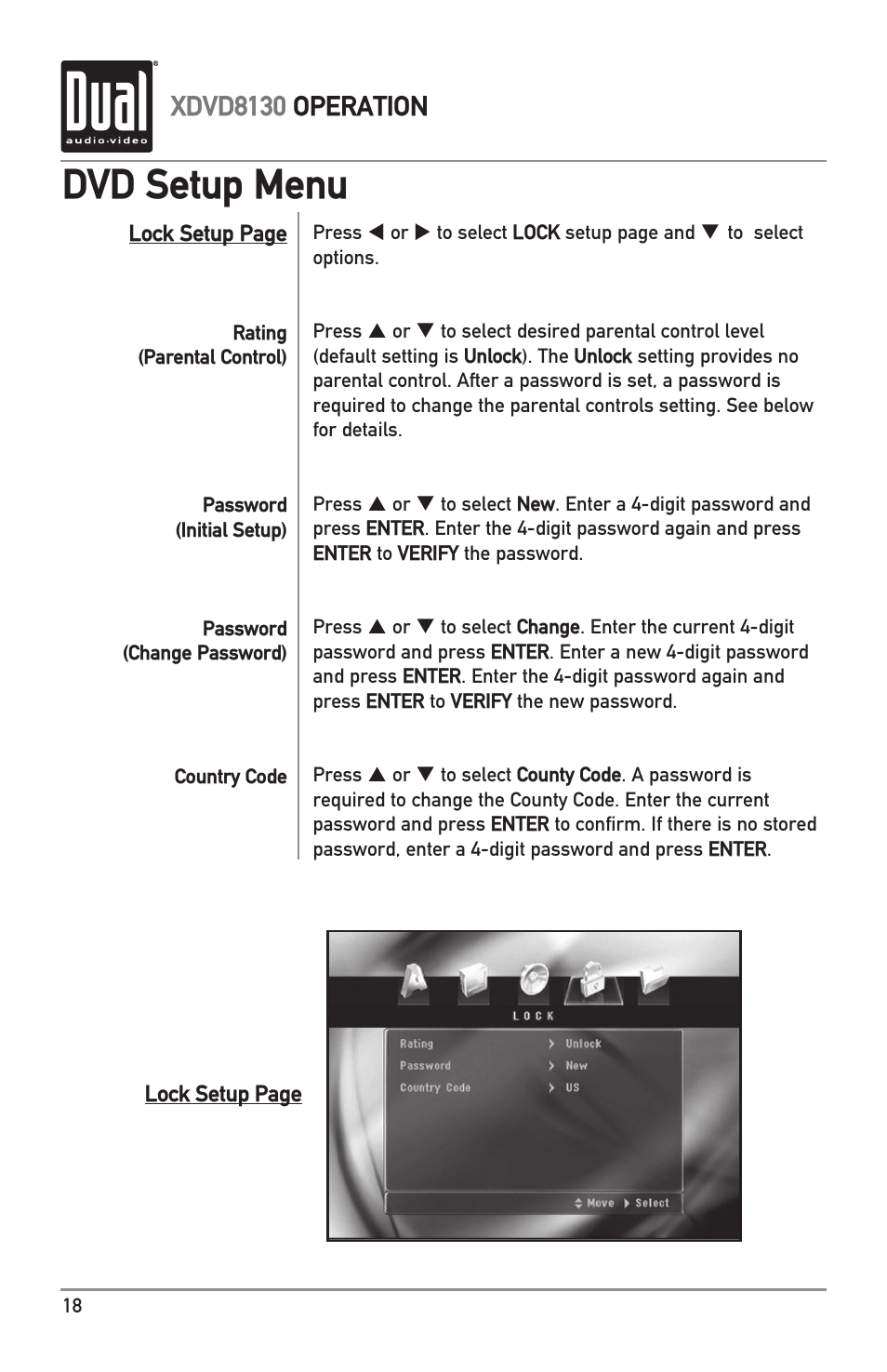 Dvd setup menu, Xdvd8130 operation | Dual XDVD8130 User Manual | Page 18 / 32