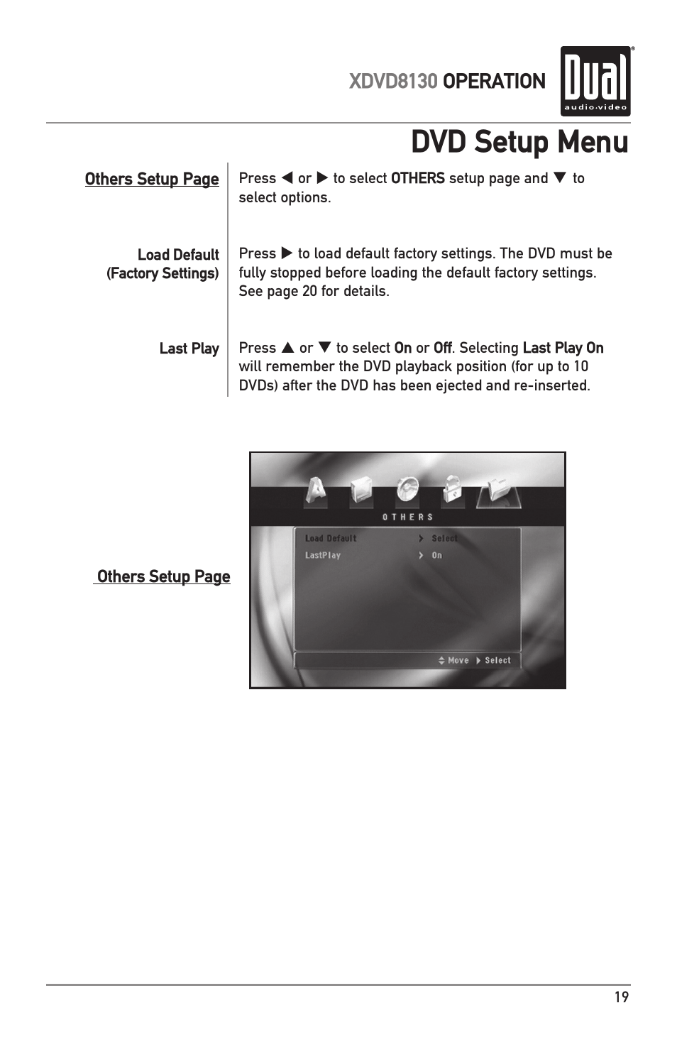 Dvd setup menu, Xdvd8130 operation | Dual XDVD8130 User Manual | Page 19 / 32