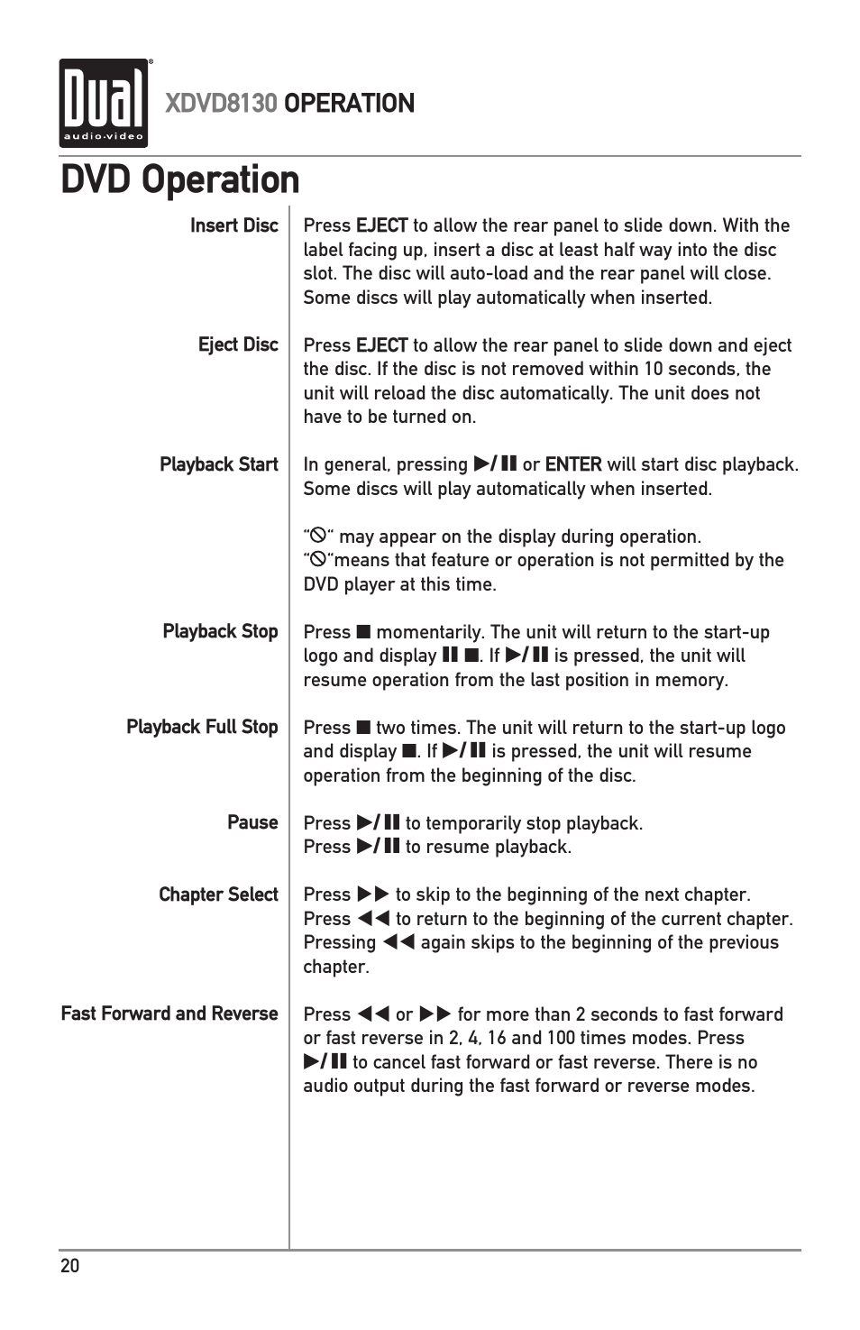 Dvd operation | Dual XDVD8130 User Manual | Page 20 / 32