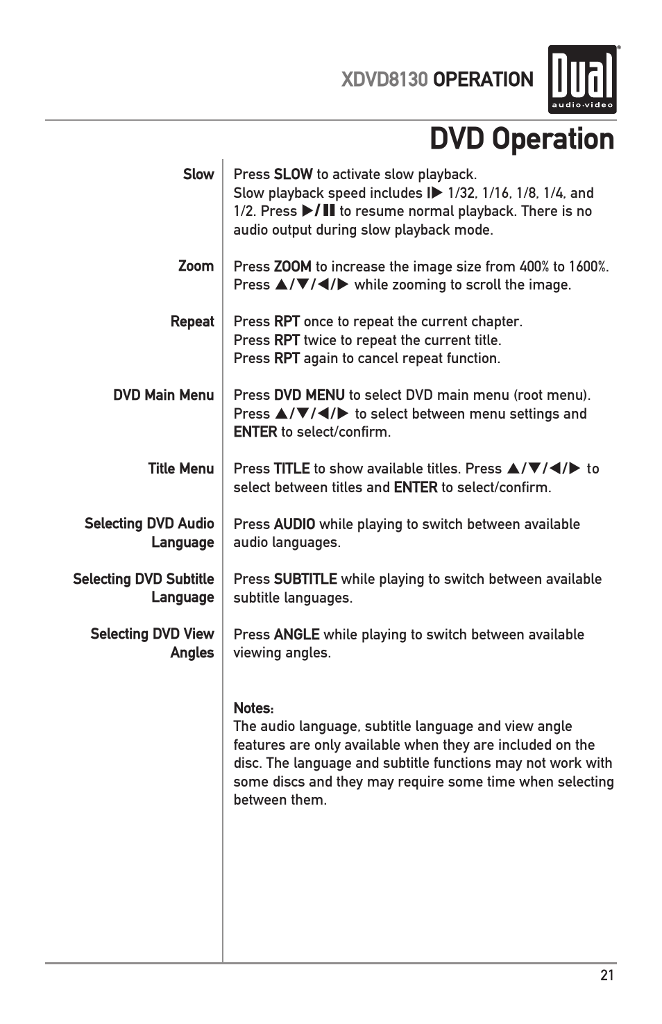 Dvd operation, Xdvd8130 operation | Dual XDVD8130 User Manual | Page 21 / 32