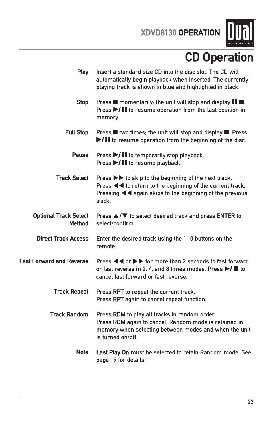 Cd operation, Xdvd8130 operation | Dual XDVD8130 User Manual | Page 23 / 32