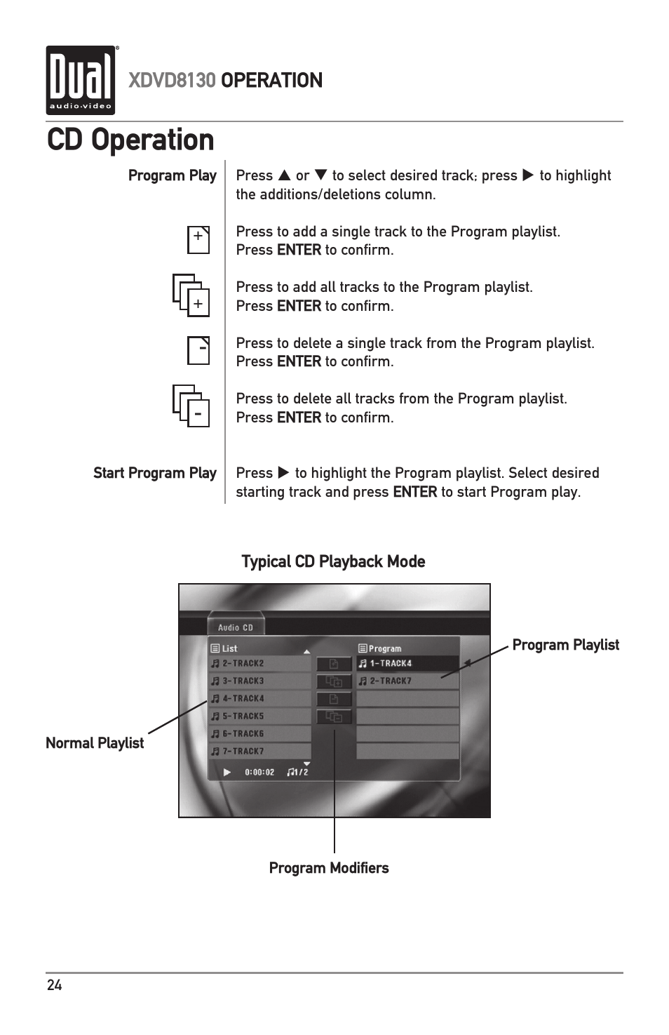 Cd operation, Xdvd8130 operation | Dual XDVD8130 User Manual | Page 24 / 32