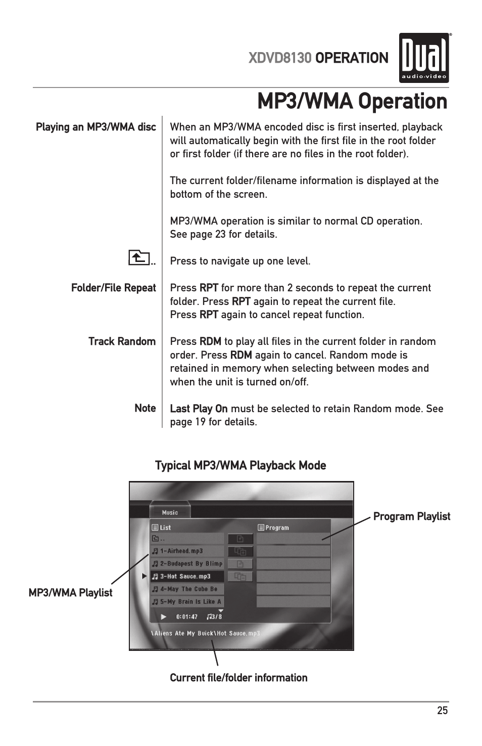 Mp3/wma operation, Xdvd8130 operation | Dual XDVD8130 User Manual | Page 25 / 32