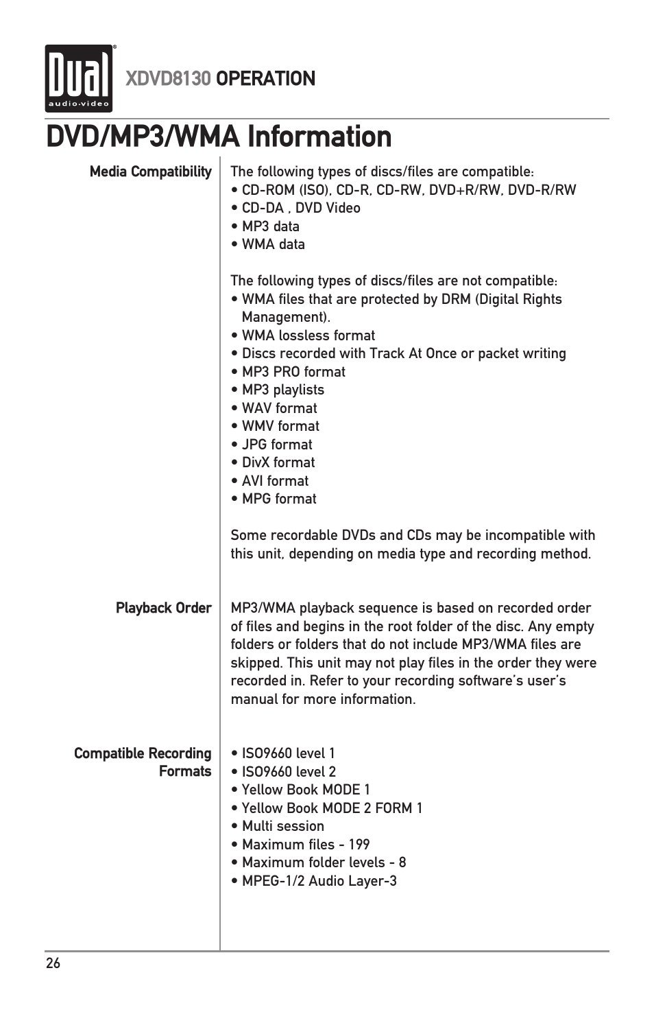 Dvd/mp3/wma information, Xdvd8130 operation | Dual XDVD8130 User Manual | Page 26 / 32