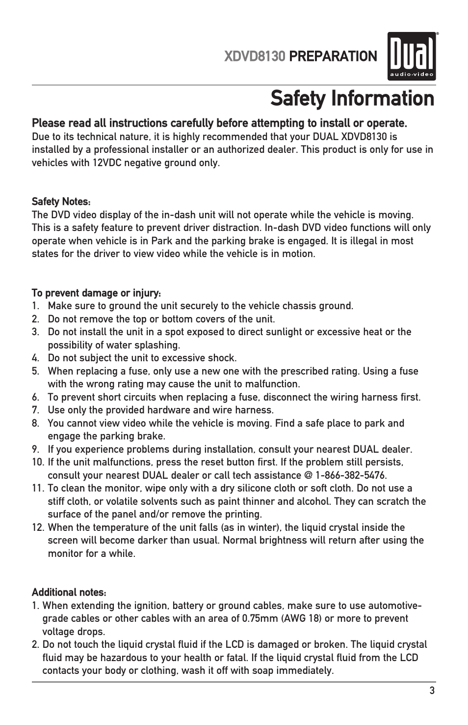 Safety information, Xdvd8130 preparation | Dual XDVD8130 User Manual | Page 3 / 32