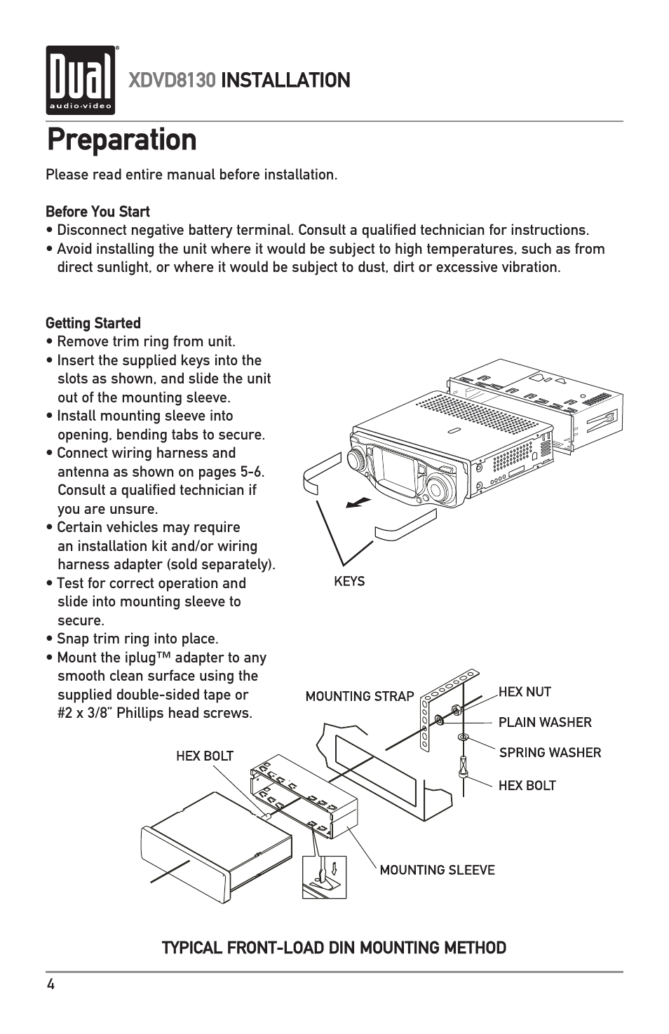 Preparation, Xdvd8130 installation | Dual XDVD8130 User Manual | Page 4 / 32