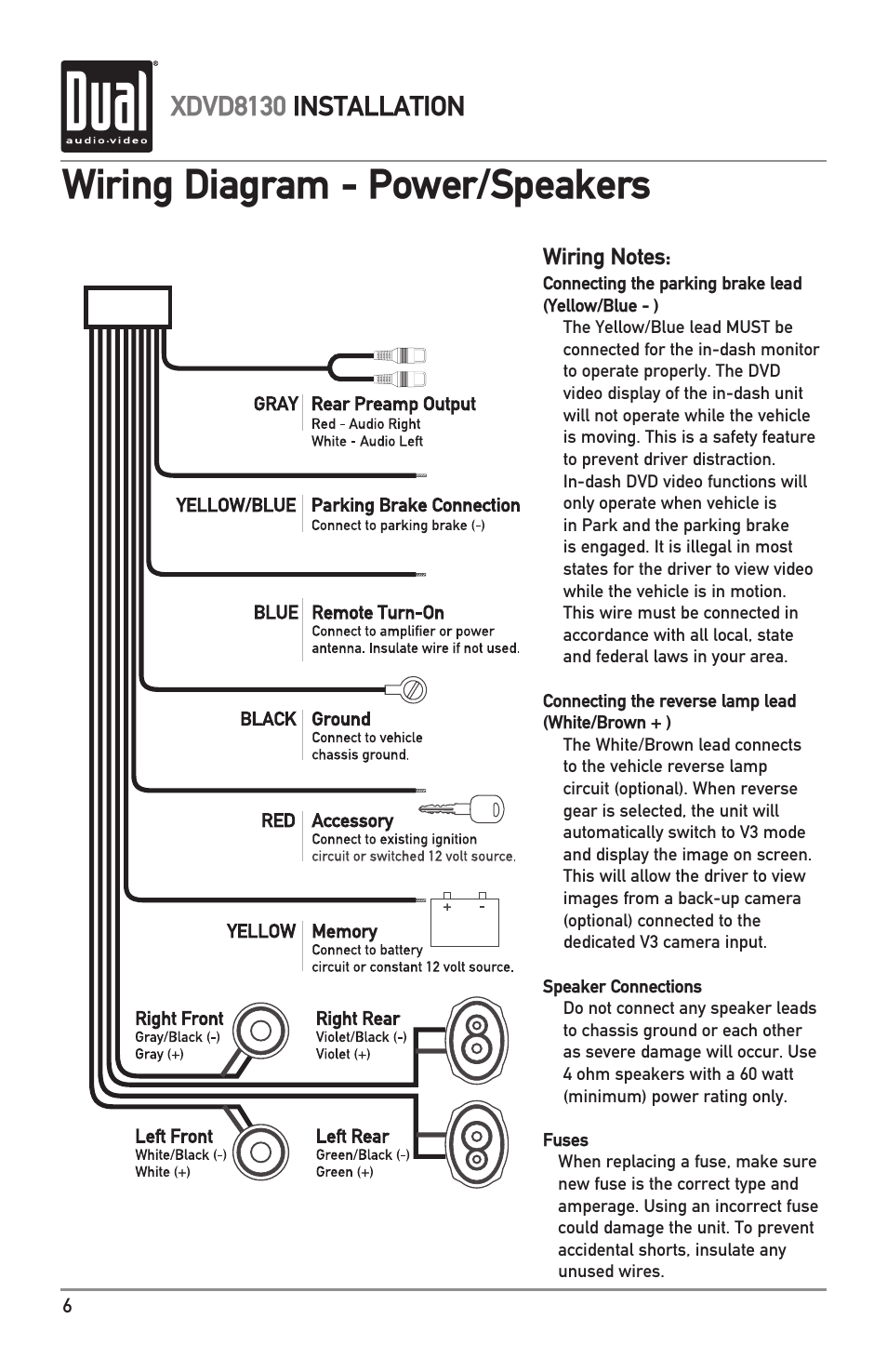 Wiring diagram - power/speakers, Xdvd8130 installation | Dual XDVD8130 User Manual | Page 6 / 32