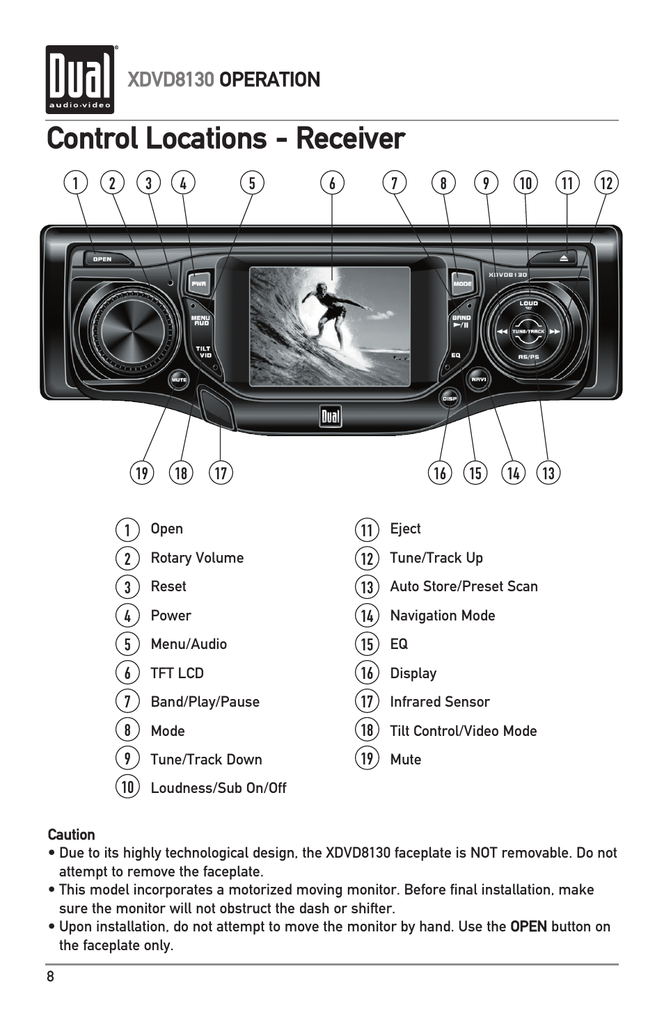 Control locations - receiver, Xdvd8130 operation | Dual XDVD8130 User Manual | Page 8 / 32