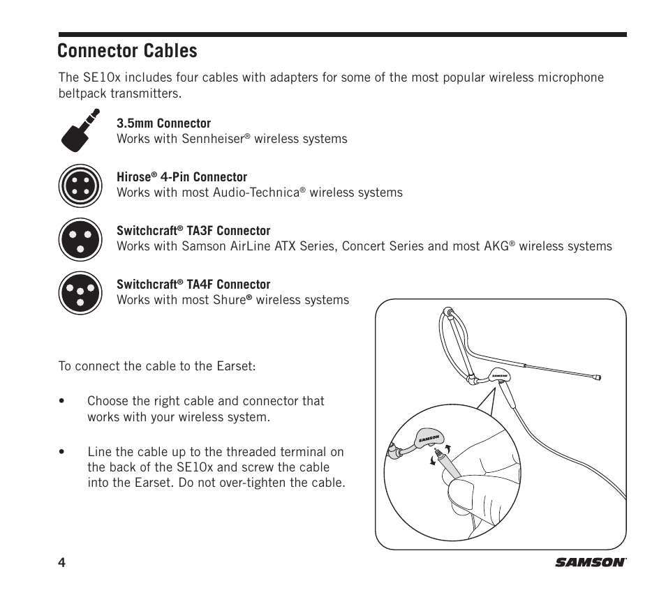 Connector cables | Samson SE10x Omnidirectional Earset Microphone for Wireless Transmitters (Beige) User Manual | Page 4 / 8