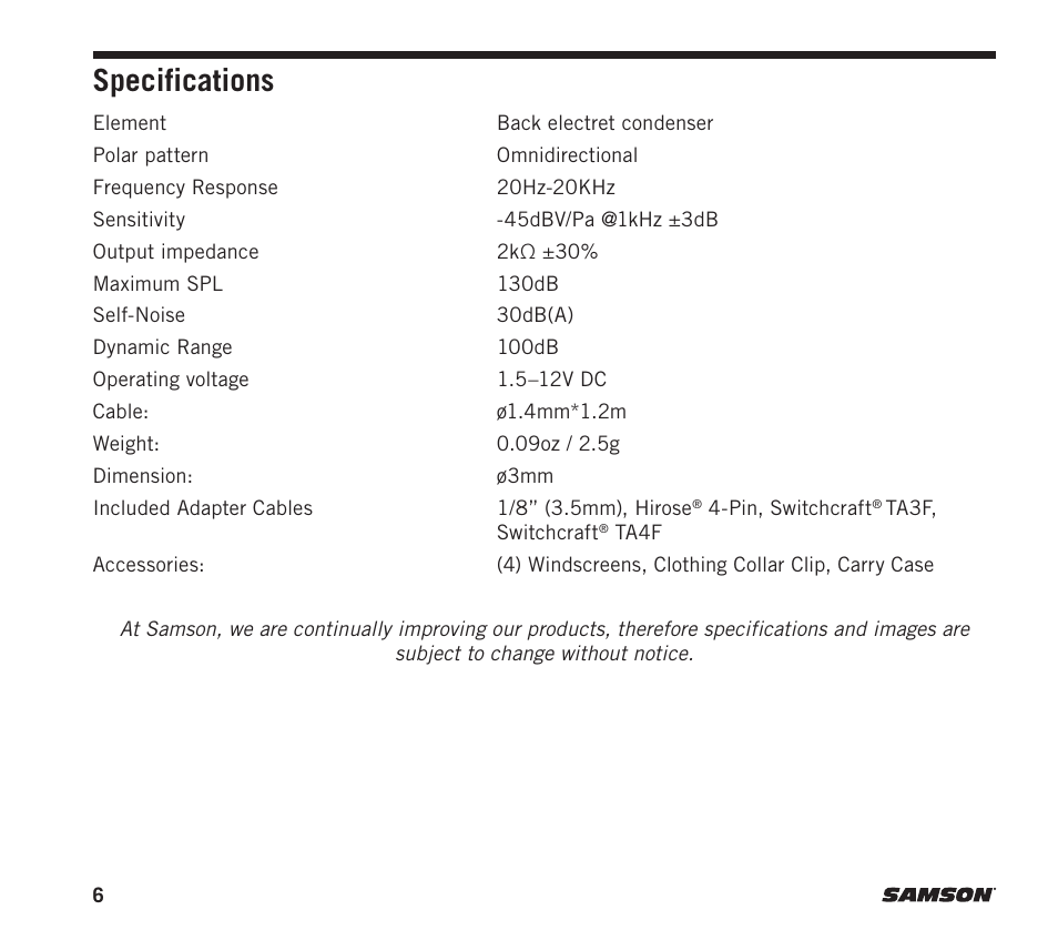 Specifications | Samson SE10x Omnidirectional Earset Microphone for Wireless Transmitters (Beige) User Manual | Page 6 / 8