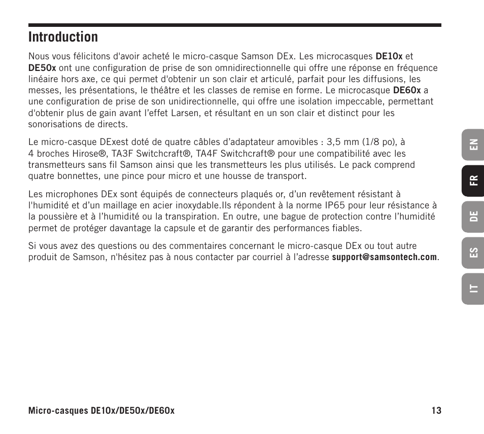 Introduction | Samson DE10x Omnidirectional Miniature Headset Microphone for Wireless Transmitters (Beige) User Manual | Page 13 / 52