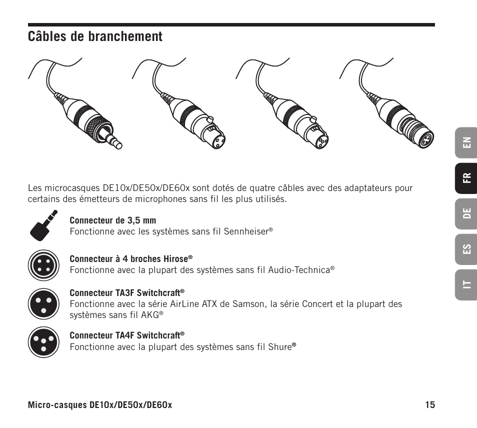 Câbles de branchement, En fr de es it | Samson DE10x Omnidirectional Miniature Headset Microphone for Wireless Transmitters (Beige) User Manual | Page 15 / 52