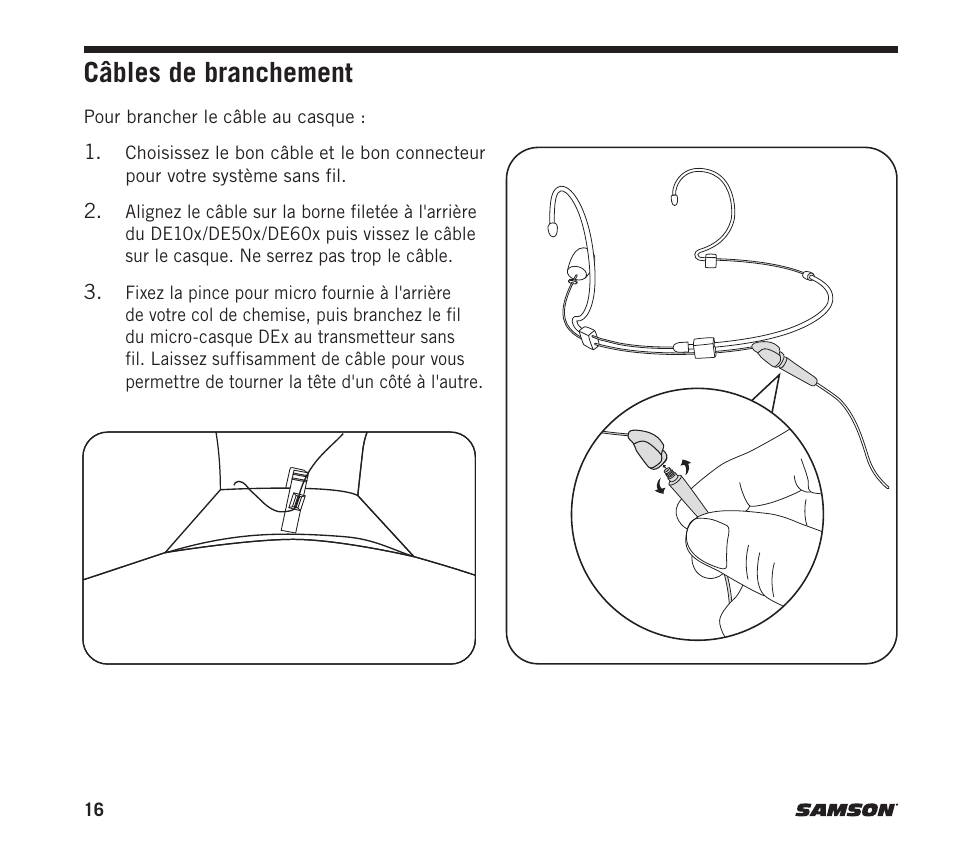 Câbles de branchement | Samson DE10x Omnidirectional Miniature Headset Microphone for Wireless Transmitters (Beige) User Manual | Page 16 / 52