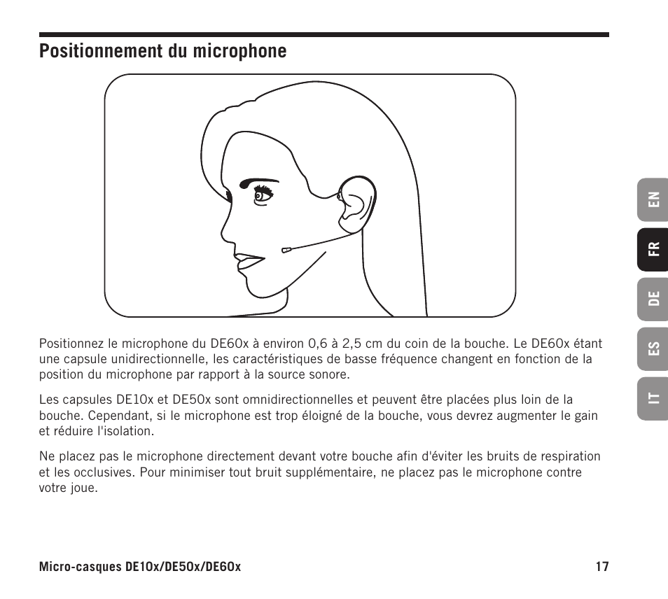 Positionnement du microphone | Samson DE10x Omnidirectional Miniature Headset Microphone for Wireless Transmitters (Beige) User Manual | Page 17 / 52