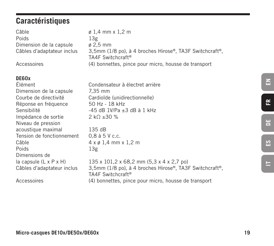 Caractéristiques | Samson DE10x Omnidirectional Miniature Headset Microphone for Wireless Transmitters (Beige) User Manual | Page 19 / 52