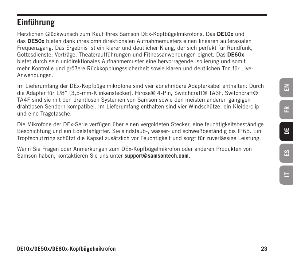 Einführung | Samson DE10x Omnidirectional Miniature Headset Microphone for Wireless Transmitters (Beige) User Manual | Page 23 / 52