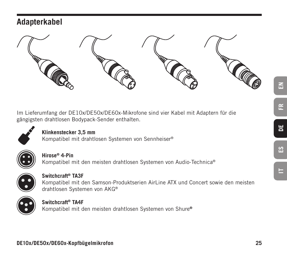 Adapterkabel | Samson DE10x Omnidirectional Miniature Headset Microphone for Wireless Transmitters (Beige) User Manual | Page 25 / 52