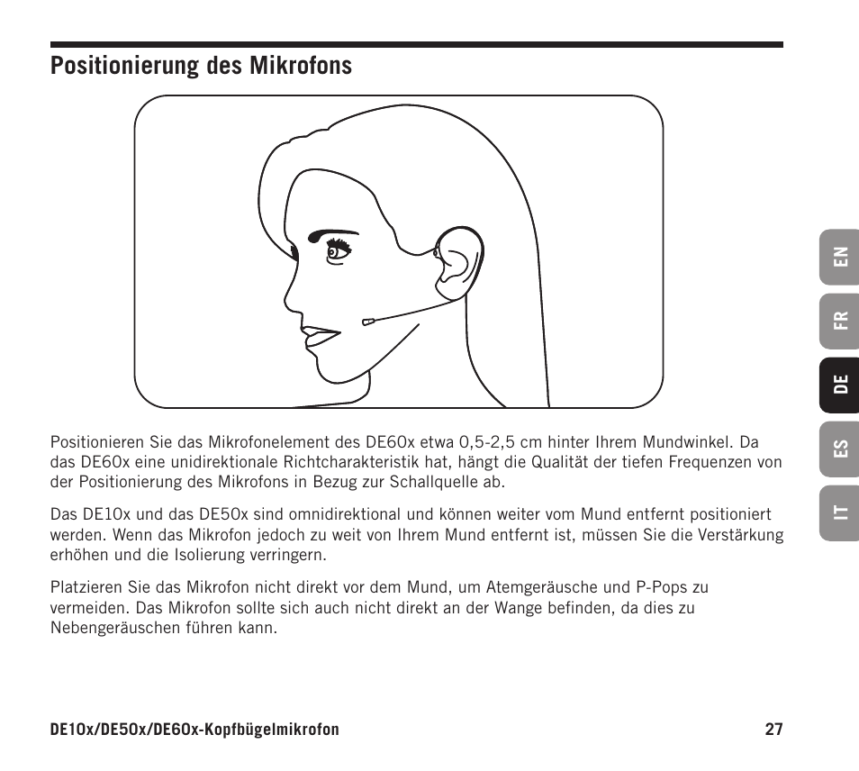 Positionierung des mikrofons | Samson DE10x Omnidirectional Miniature Headset Microphone for Wireless Transmitters (Beige) User Manual | Page 27 / 52