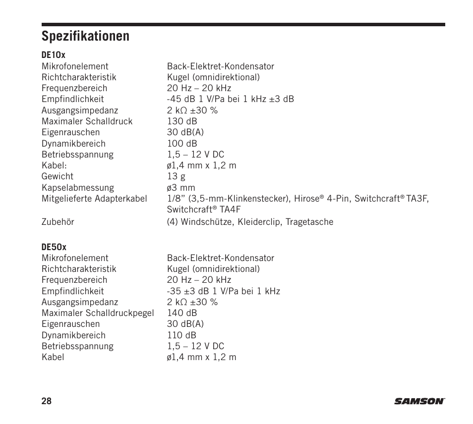 Spezifikationen | Samson DE10x Omnidirectional Miniature Headset Microphone for Wireless Transmitters (Beige) User Manual | Page 28 / 52