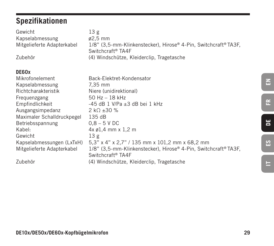 Spezifikationen | Samson DE10x Omnidirectional Miniature Headset Microphone for Wireless Transmitters (Beige) User Manual | Page 29 / 52