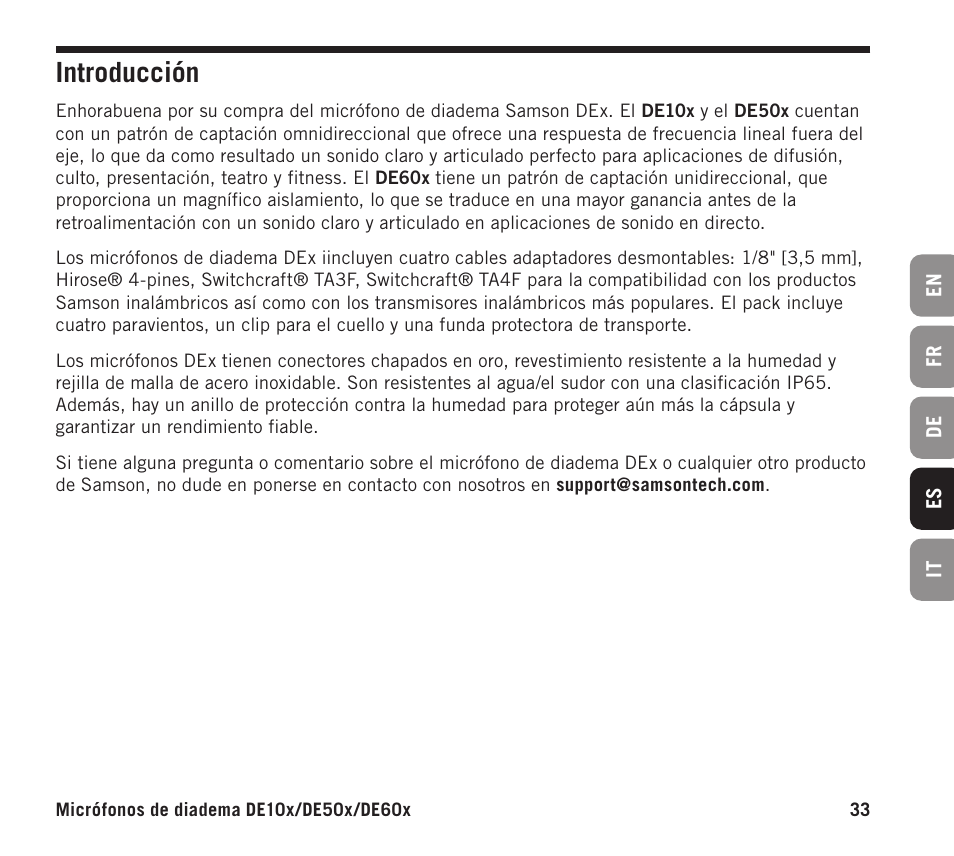 Introducción | Samson DE10x Omnidirectional Miniature Headset Microphone for Wireless Transmitters (Beige) User Manual | Page 33 / 52