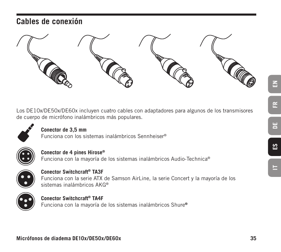 Cables de conexión, En fr de es it | Samson DE10x Omnidirectional Miniature Headset Microphone for Wireless Transmitters (Beige) User Manual | Page 35 / 52