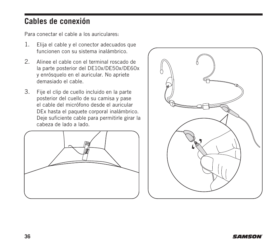 Cables de conexión | Samson DE10x Omnidirectional Miniature Headset Microphone for Wireless Transmitters (Beige) User Manual | Page 36 / 52