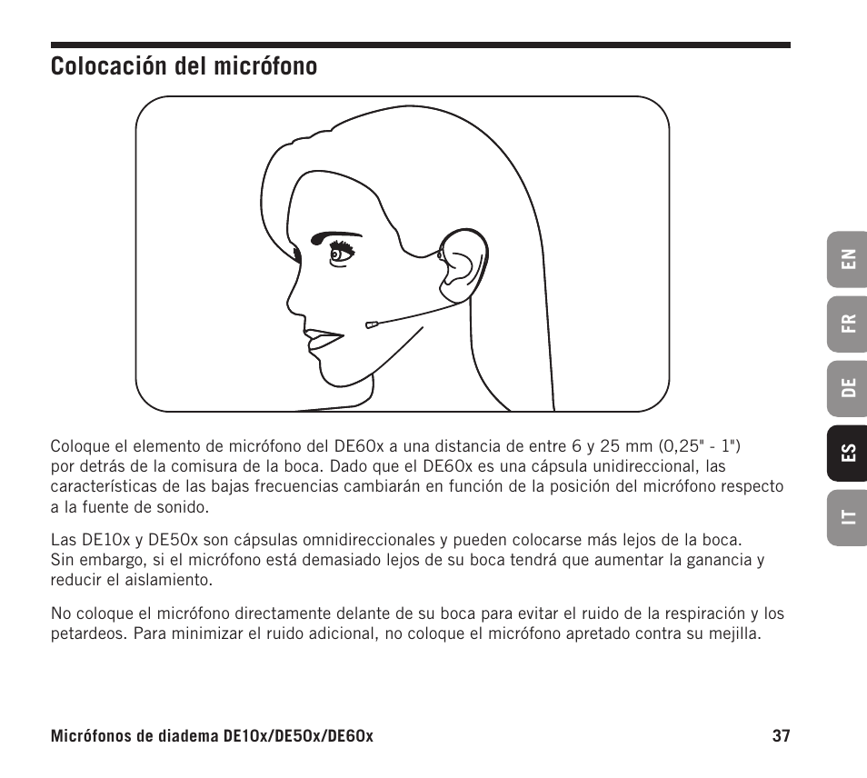 Colocación del micrófono | Samson DE10x Omnidirectional Miniature Headset Microphone for Wireless Transmitters (Beige) User Manual | Page 37 / 52