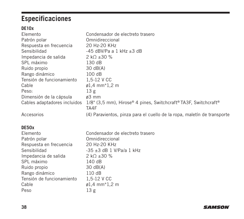 Especificaciones | Samson DE10x Omnidirectional Miniature Headset Microphone for Wireless Transmitters (Beige) User Manual | Page 38 / 52