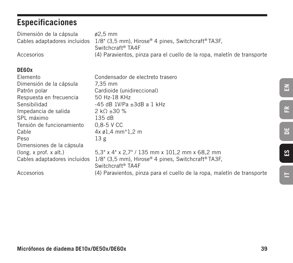 Especificaciones | Samson DE10x Omnidirectional Miniature Headset Microphone for Wireless Transmitters (Beige) User Manual | Page 39 / 52