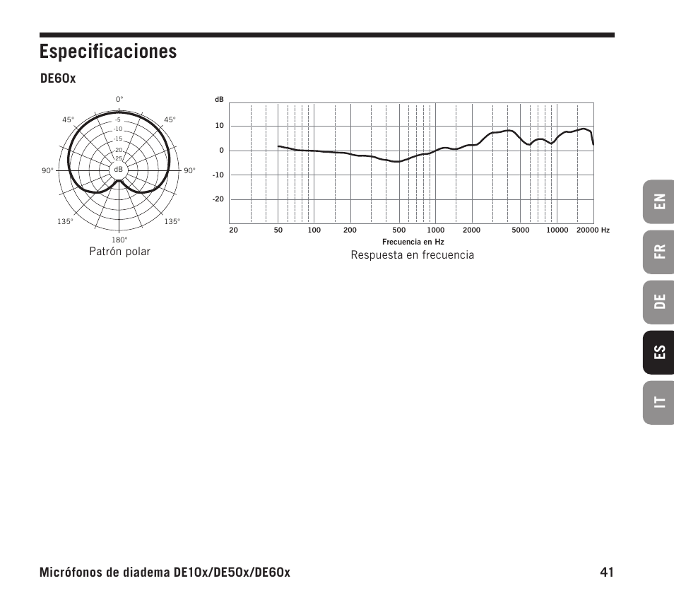 Especificaciones, En fr de es it, De60x | Patrón polar respuesta en frecuencia | Samson DE10x Omnidirectional Miniature Headset Microphone for Wireless Transmitters (Beige) User Manual | Page 41 / 52