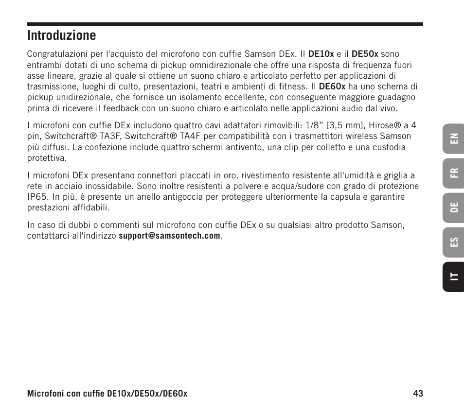 Introduzione | Samson DE10x Omnidirectional Miniature Headset Microphone for Wireless Transmitters (Beige) User Manual | Page 43 / 52