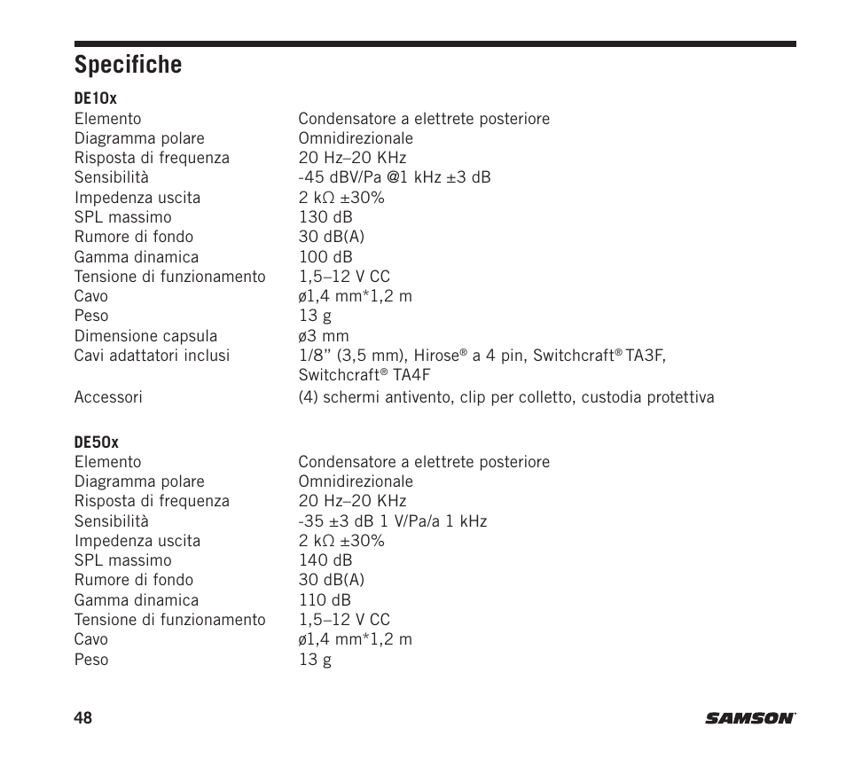 Specifiche | Samson DE10x Omnidirectional Miniature Headset Microphone for Wireless Transmitters (Beige) User Manual | Page 48 / 52