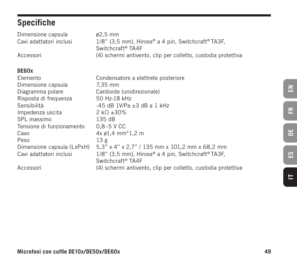 Specifiche | Samson DE10x Omnidirectional Miniature Headset Microphone for Wireless Transmitters (Beige) User Manual | Page 49 / 52