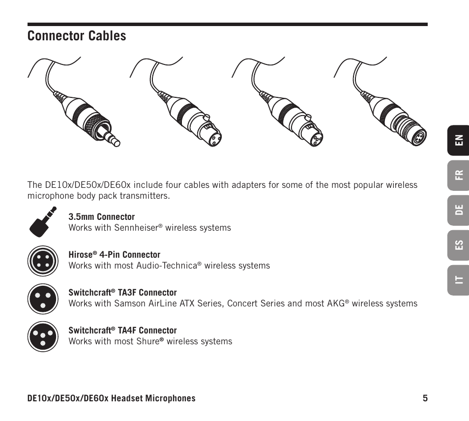 Connector cables | Samson DE10x Omnidirectional Miniature Headset Microphone for Wireless Transmitters (Beige) User Manual | Page 5 / 52