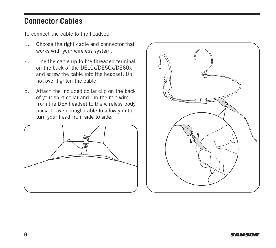 Connector cables | Samson DE10x Omnidirectional Miniature Headset Microphone for Wireless Transmitters (Beige) User Manual | Page 6 / 52