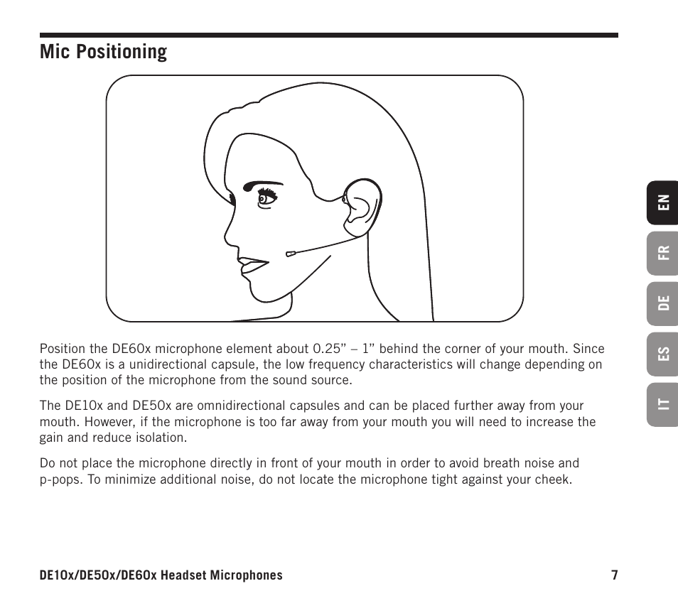 Mic positioning | Samson DE10x Omnidirectional Miniature Headset Microphone for Wireless Transmitters (Beige) User Manual | Page 7 / 52