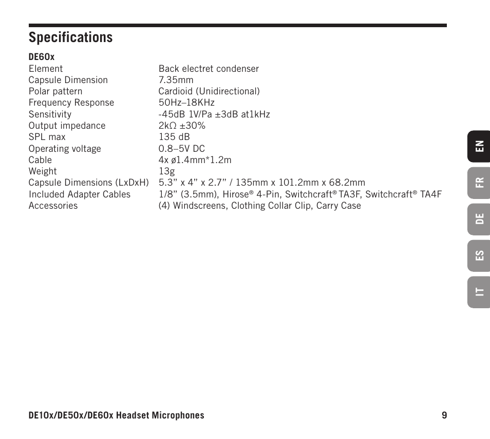 Specifications | Samson DE10x Omnidirectional Miniature Headset Microphone for Wireless Transmitters (Beige) User Manual | Page 9 / 52