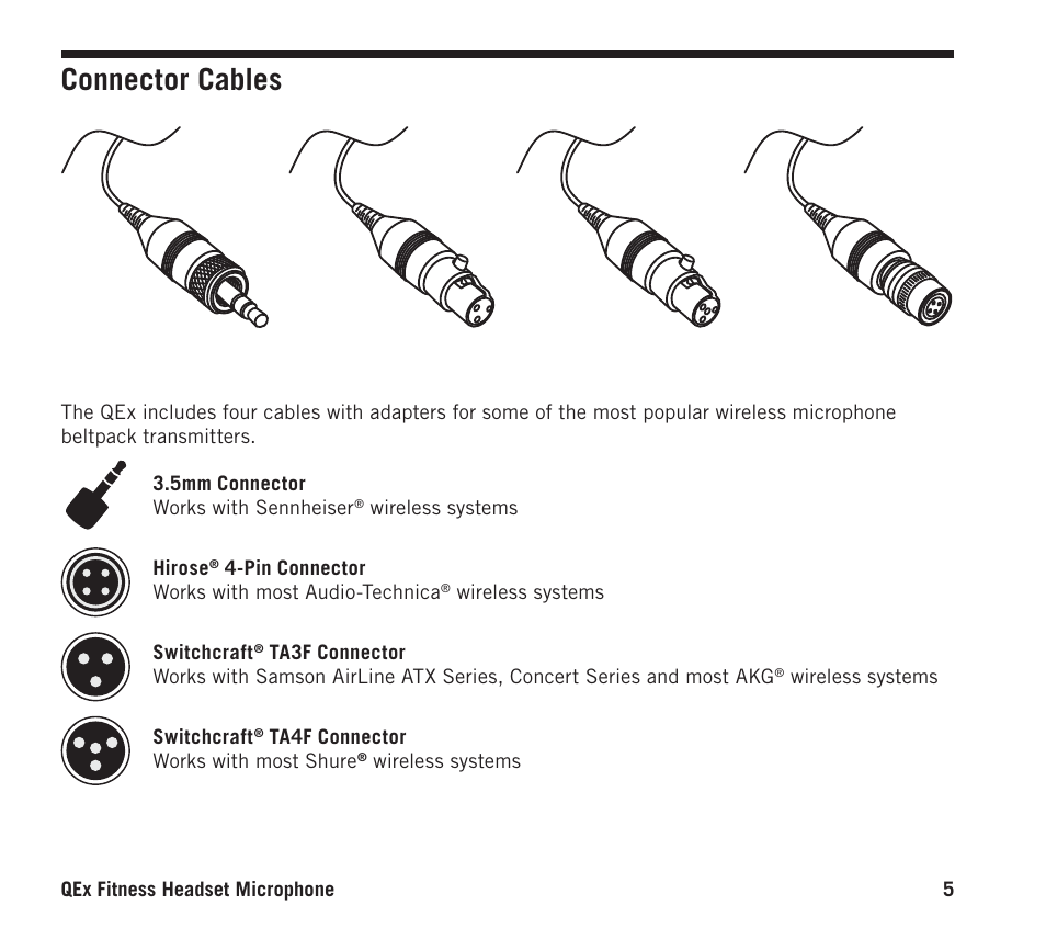 Connector cables | Samson QEx Bidirectional Fitness Headset Microphone for Wireless Transmitters User Manual | Page 5 / 12
