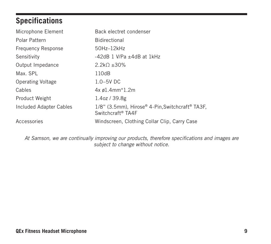Specifications | Samson QEx Bidirectional Fitness Headset Microphone for Wireless Transmitters User Manual | Page 9 / 12