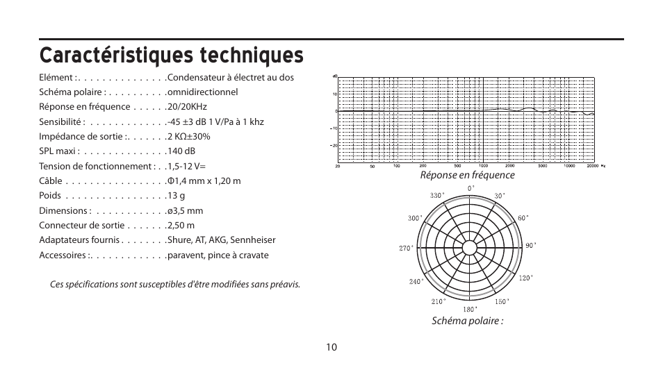 Caractéristiques techniques | Samson LM10 Omnidirectional Lavalier Microphone for Wireless User Manual | Page 10 / 24