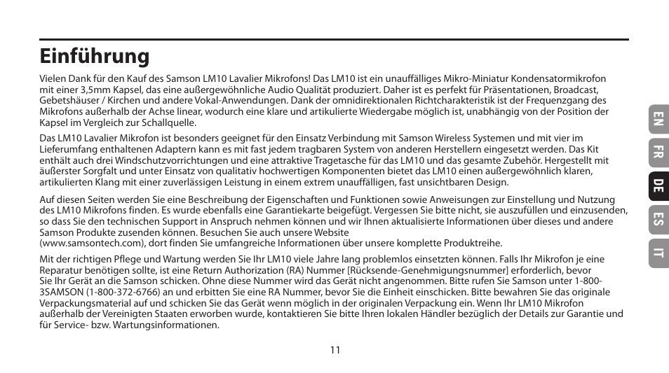 Einführung, En fr de es it | Samson LM10 Omnidirectional Lavalier Microphone for Wireless User Manual | Page 11 / 24
