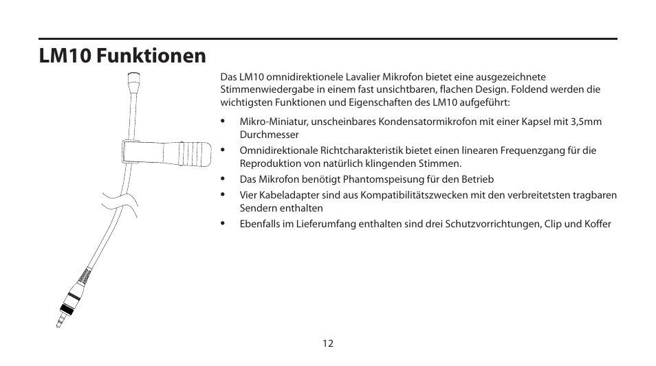 Lm10 funktionen | Samson LM10 Omnidirectional Lavalier Microphone for Wireless User Manual | Page 12 / 24