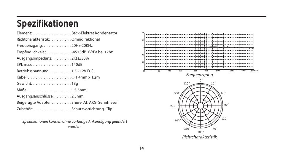 Spezifikationen | Samson LM10 Omnidirectional Lavalier Microphone for Wireless User Manual | Page 14 / 24