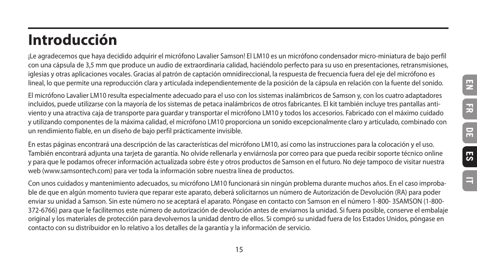 Introducción, En fr de es it | Samson LM10 Omnidirectional Lavalier Microphone for Wireless User Manual | Page 15 / 24