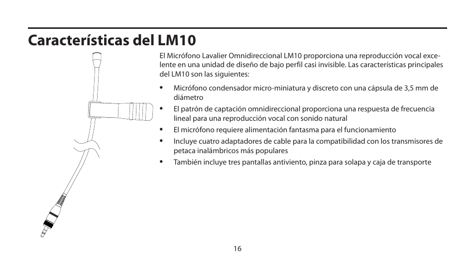 Características del lm10 | Samson LM10 Omnidirectional Lavalier Microphone for Wireless User Manual | Page 16 / 24