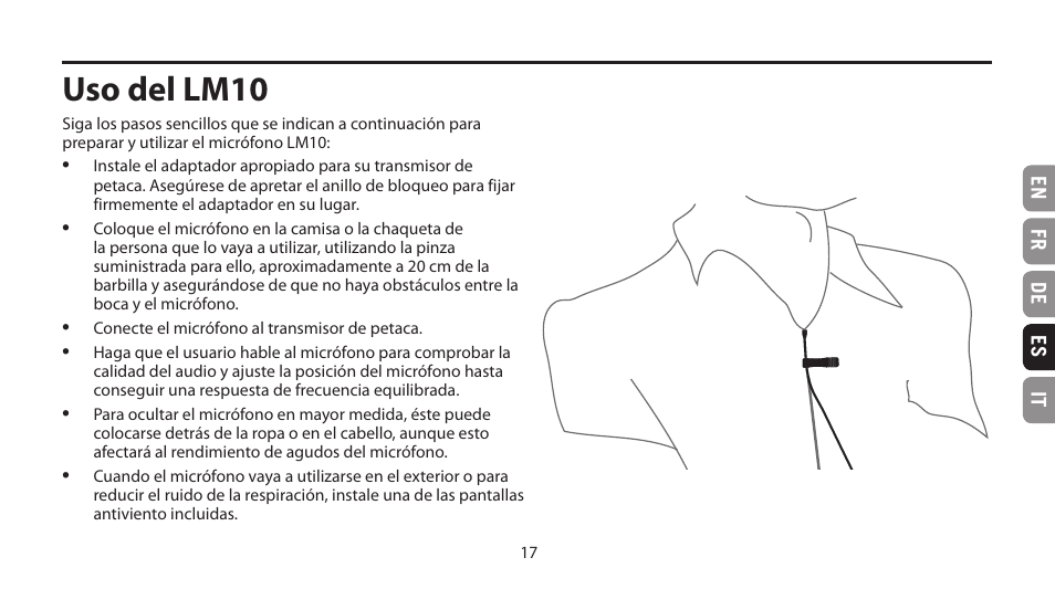 Uso del lm10 | Samson LM10 Omnidirectional Lavalier Microphone for Wireless User Manual | Page 17 / 24