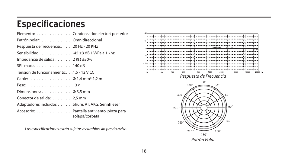 Especificaciones | Samson LM10 Omnidirectional Lavalier Microphone for Wireless User Manual | Page 18 / 24